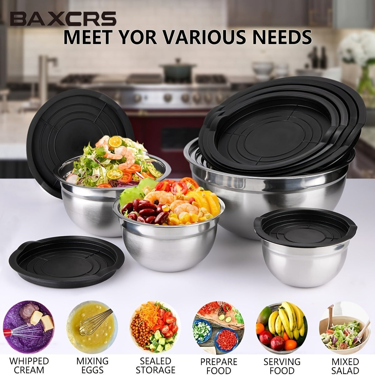 BAXCRS 7 PCS Stainless Steel Mixing Bowls Set With Lids